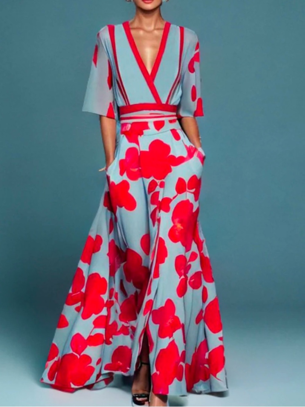 Vibrant Floral Wrap Jumpsuit with Deep V-Neck